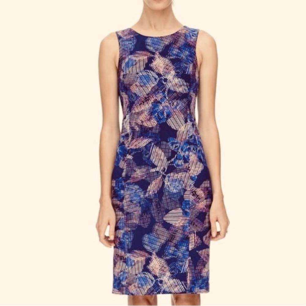 Rebecca Taylor Blue Pink Abstract Patterned Sleeveless Sheath Midi Dress Sz 2